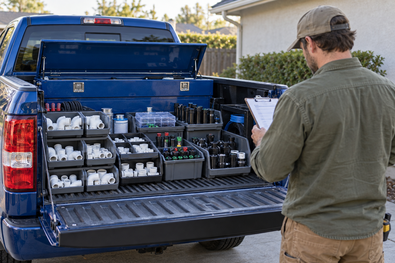 A pickup with its tailgate down and PVC fittings and sprinkler parts sorted in bins in the bed