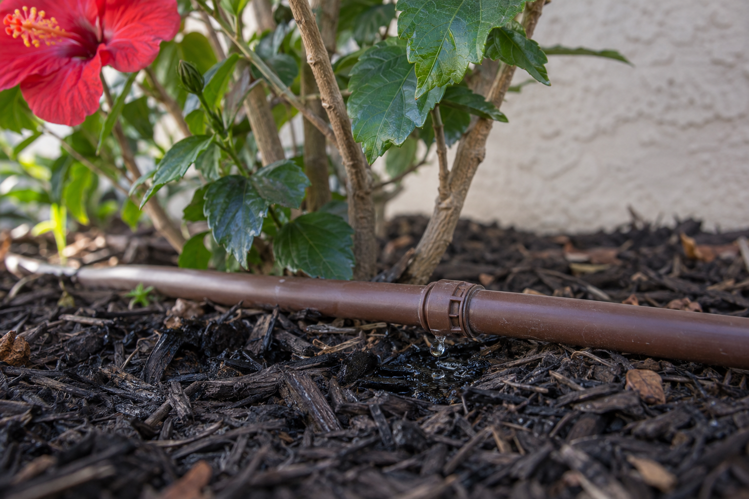 drip irrigation line in a garden bed