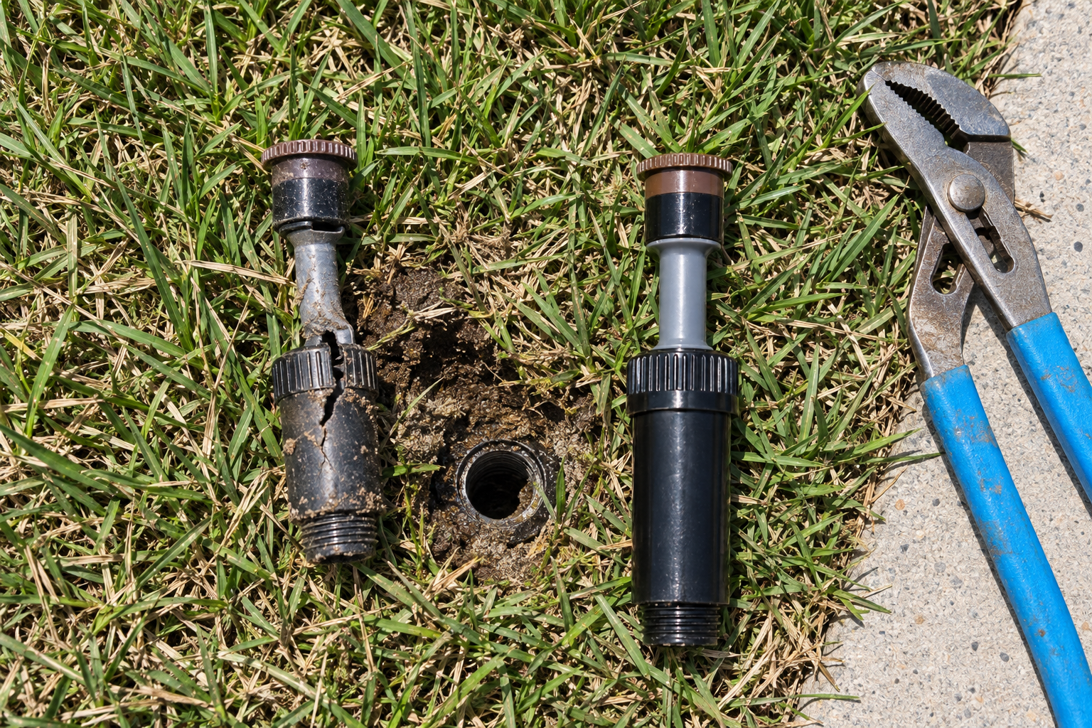 A cracked pop-up sprinkler head on the lawn beside its replacement