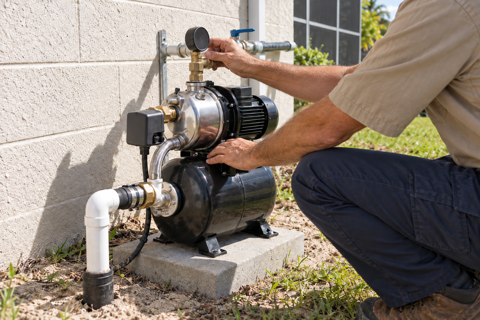 A technician crouched beside a well-fed irrigation pump reading its pressure gauge