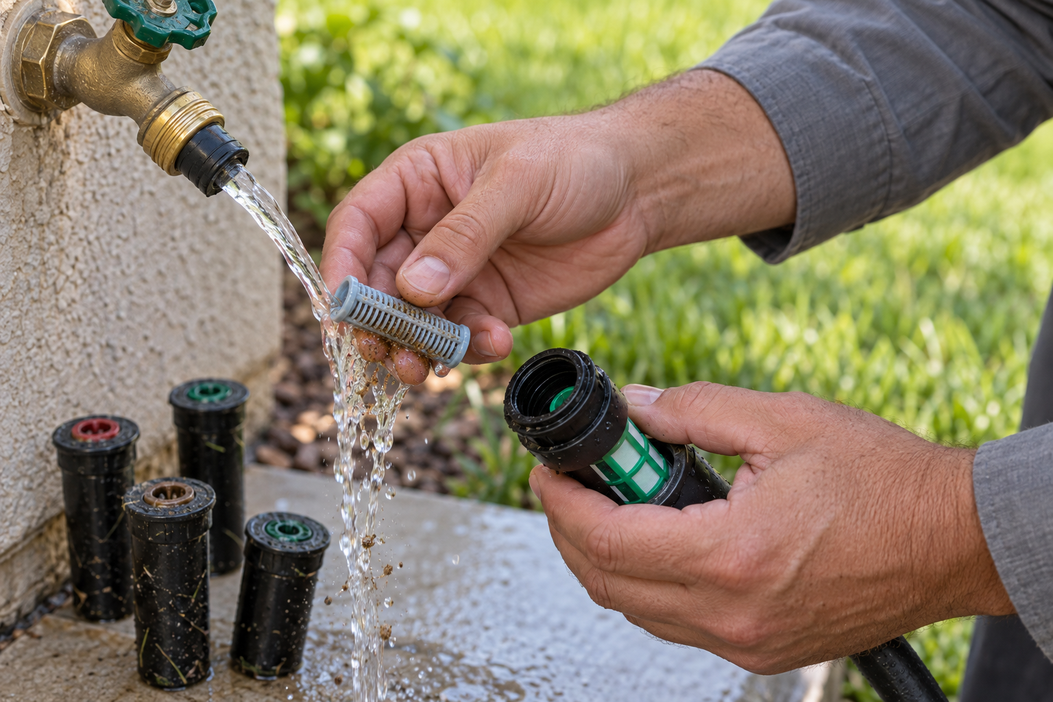 Hands rinsing grit from a sprinkler nozzle's filter screen under a hose