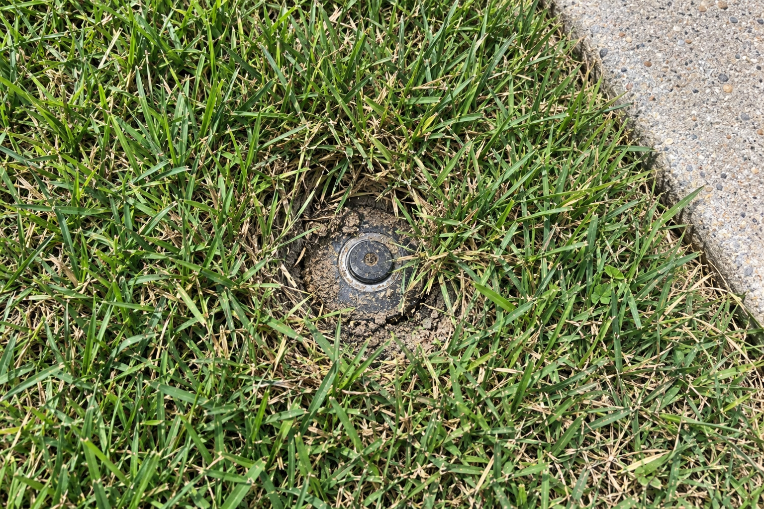 A sunken pop-up sprinkler head sitting below the turf with grass grown over its cap