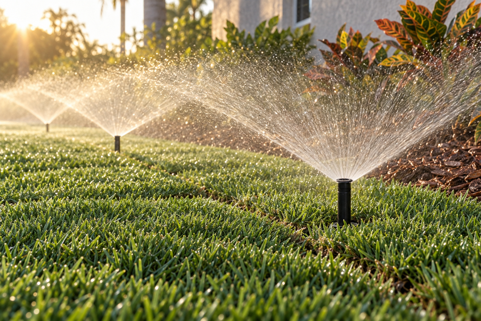 New pop-up sprinkler heads watering a fresh lawn in early morning light