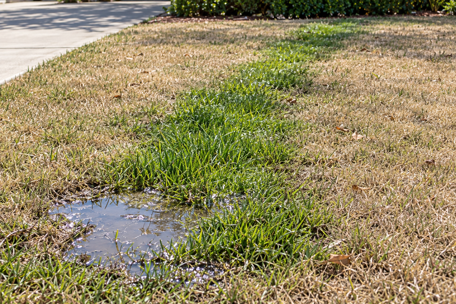 A soggy bright-green strip across a dry lawn above a buried sprinkler line, with standing water pooled at its far end