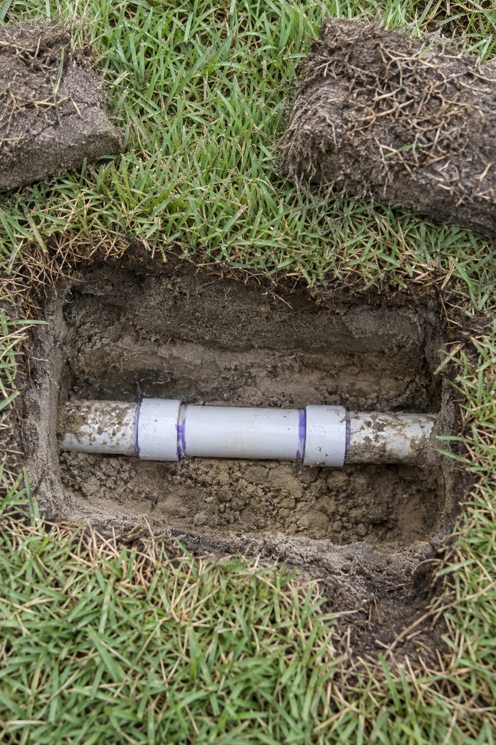 exposed sprinkler pipe dug up for a leak repair