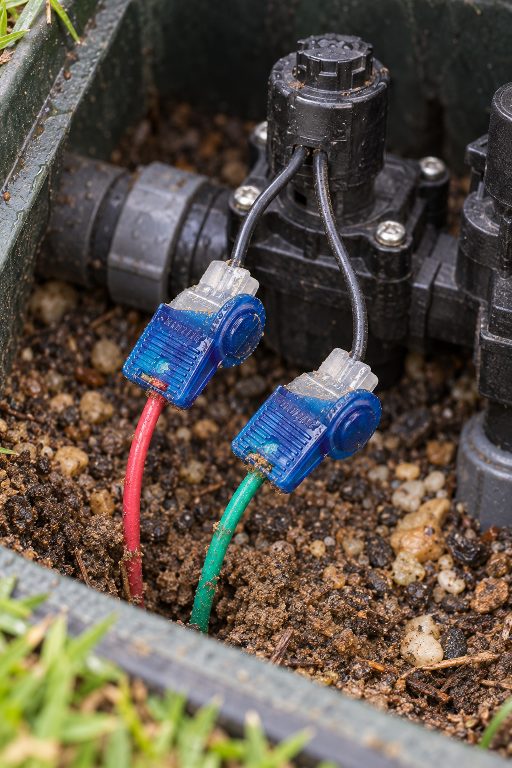 sprinkler valve box with zone valves and wiring